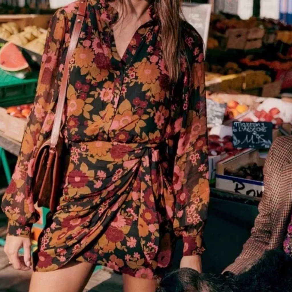 Sezane Long Sleeve Floral Mini Dress In Black With Mustard & Burgundy
